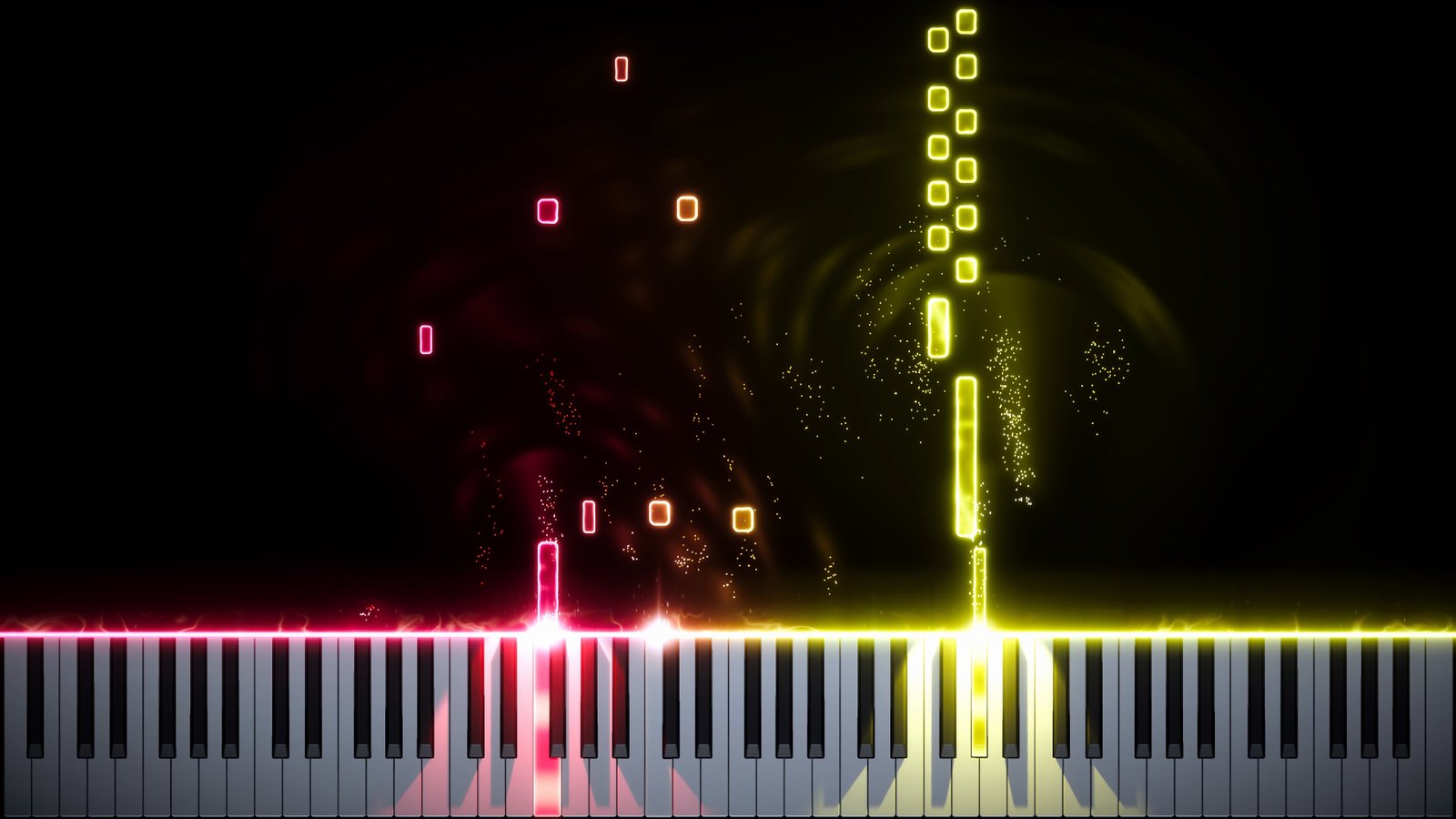 Orange fluid rising from glowing tiles over a piano keyboard, made in Piano VFX Liquid