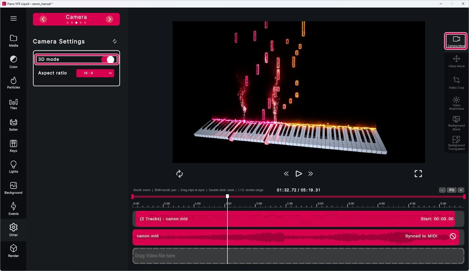 3D mode with the keyboard seen at an angle