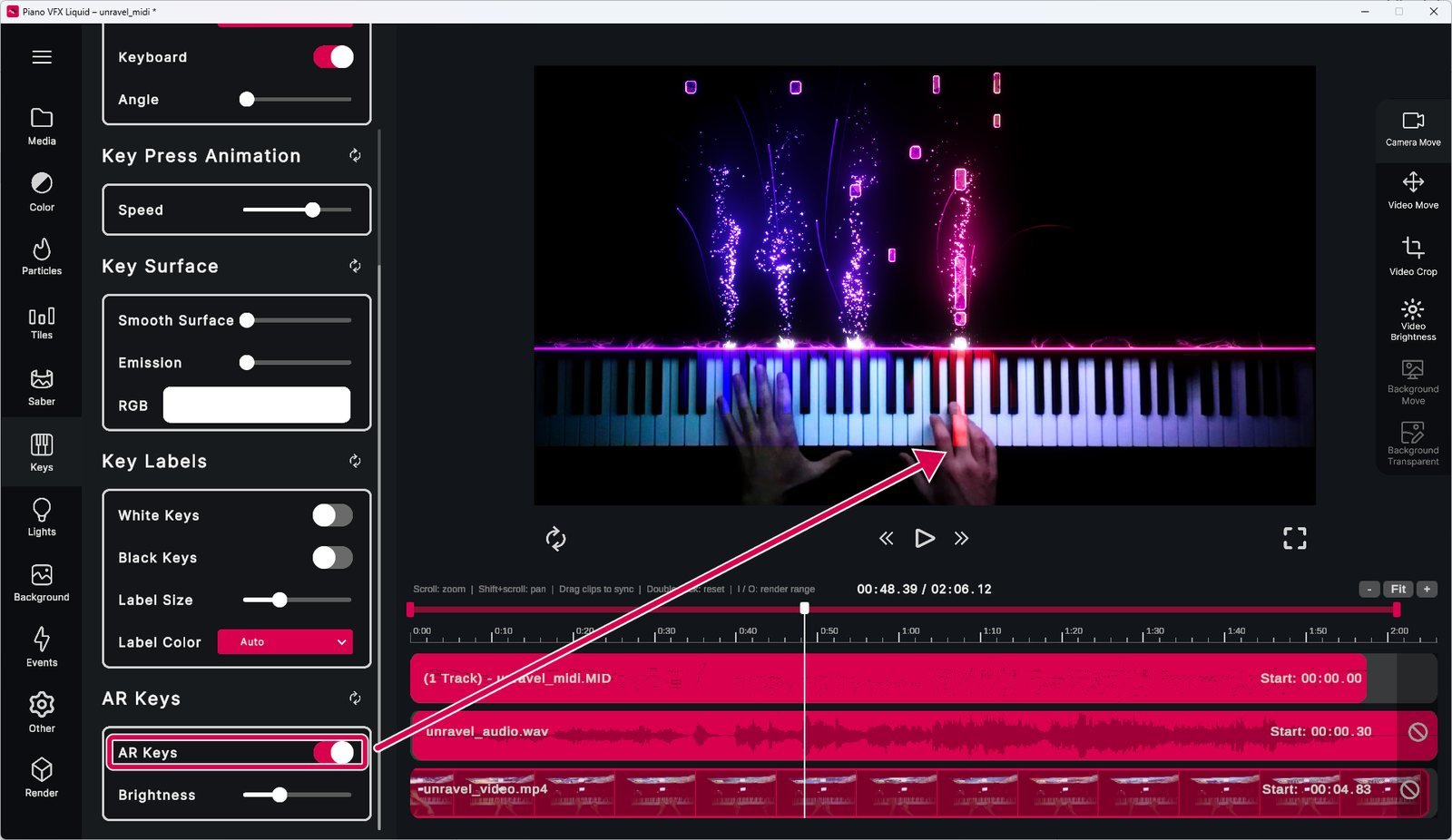 AR Keys highlighting a pressed key in the video