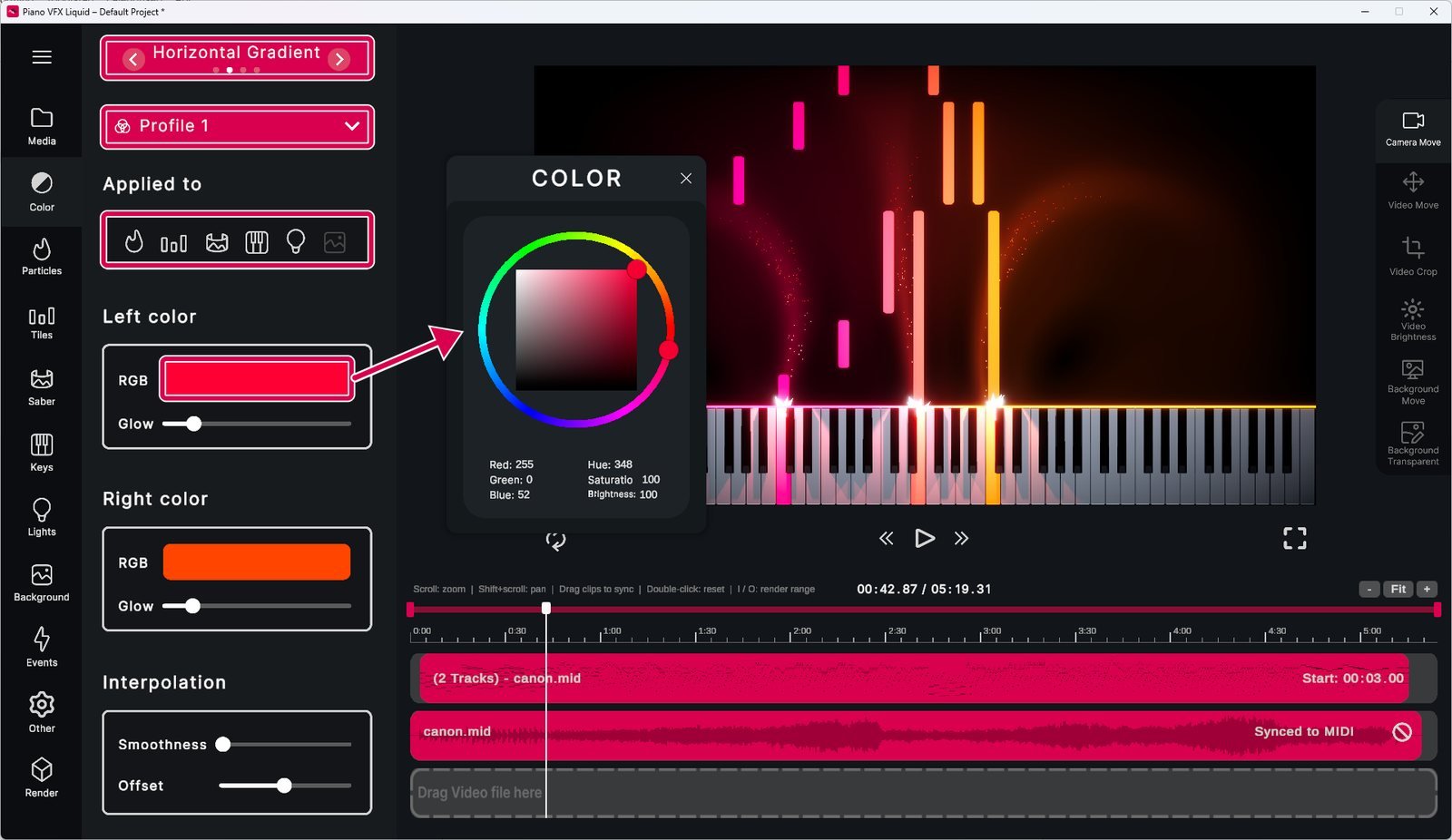 The color mode selector, color profile, Applied to and the color picker