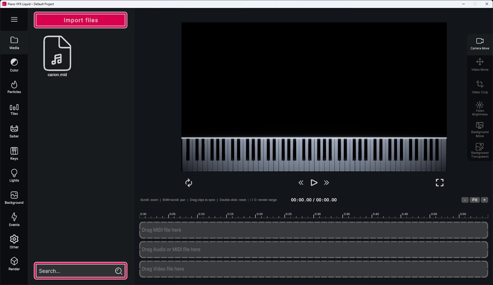 The Import files button and the search bar of the file browser