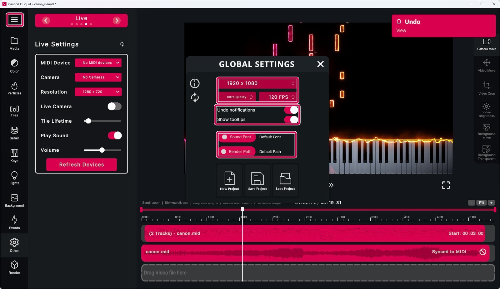 The main menu with preview quality, notifications, SoundFont and render path
