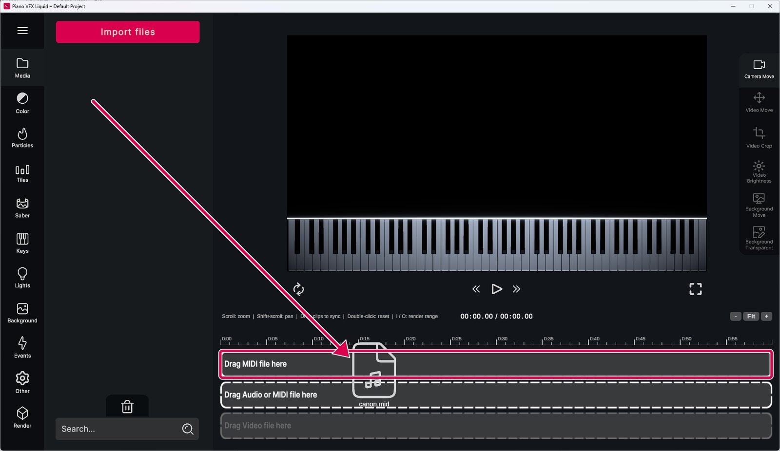 Dragging a MIDI file to the MIDI slot on the timeline