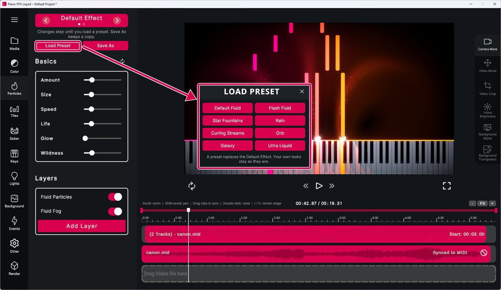 The Load Preset button and the preset window