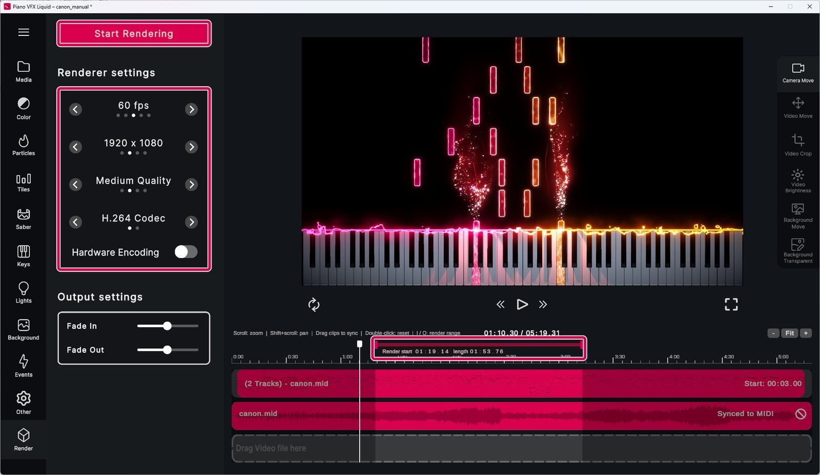 The render settings and the render markers on the timeline