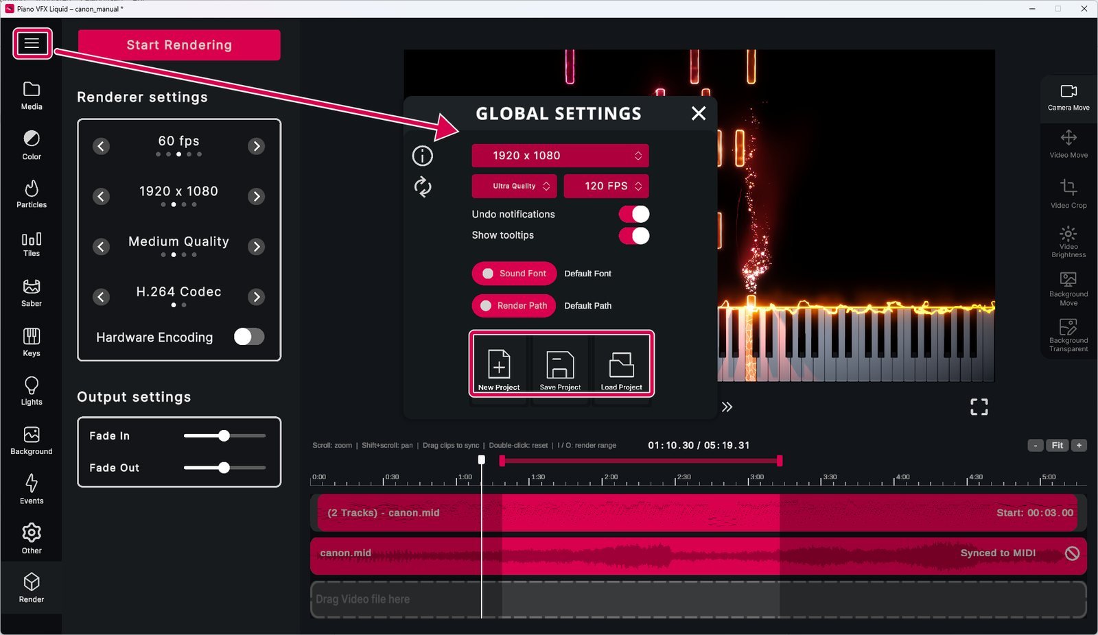 New Project, Save Project and Load Project in the main menu