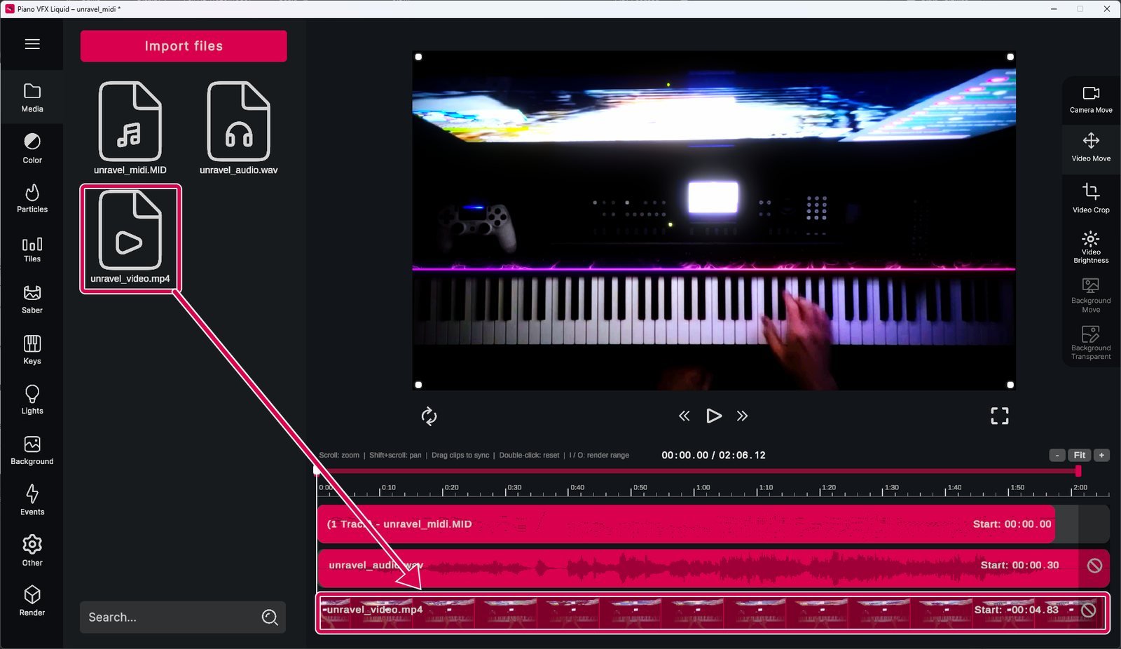 Dragging a video to the video slot on the timeline